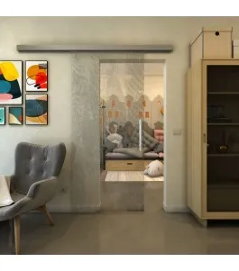 Glasschiebetür SLIM-LINE - Fineprint Model 045 Schwarz auf Klarglas