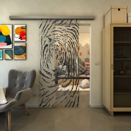 Glasschiebetür SLIM-LINE - Fineprint Model 057 Schwarz auf Klarglas