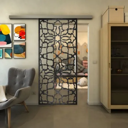 Glasschiebetür SLIM-LINE - Fineprint Model 150 Schwarz auf Klarglas