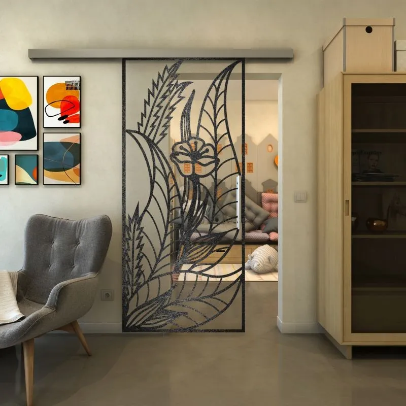 Glasschiebetür SLIM-LINE - Fineprint Modell 195 Schwarz auf Klarglas