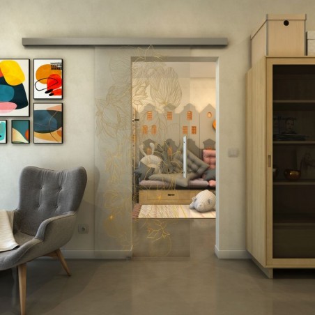 Glasschiebetür SLIM-LINE - Fineprint Model 013 Gold auf Klarglas