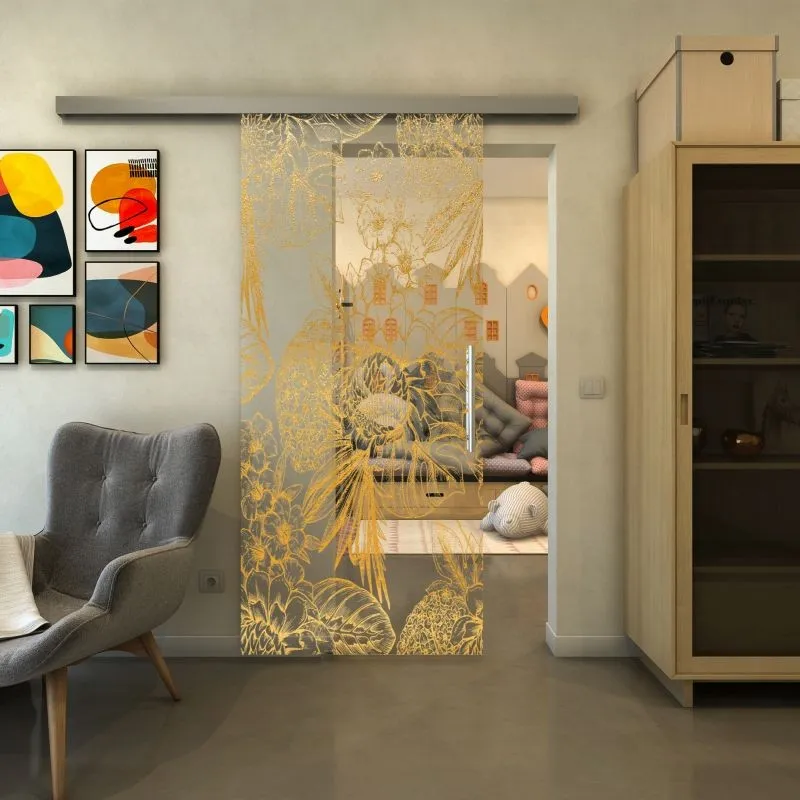 Glasschiebetür SLIM-LINE - Fineprint Modell 083 Gold auf Klarglas