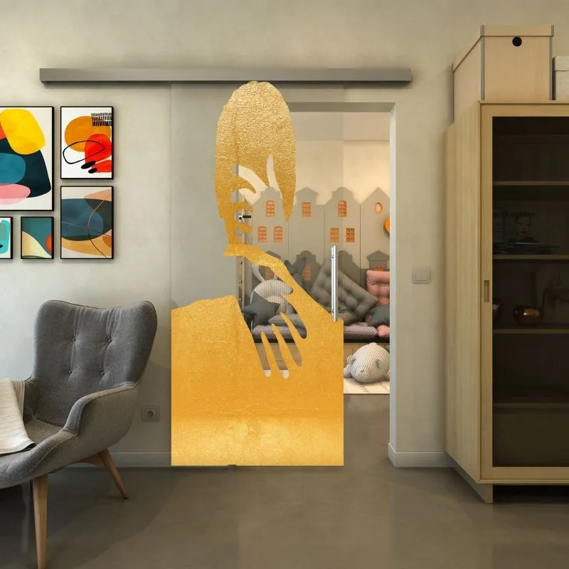 Glasschiebetür SLIM-LINE - Fineprint Modell 124 Gold auf Klarglas Glasschiebetür SLIM-LINE - Fineprint Modell 124 Gold auf Klarglas