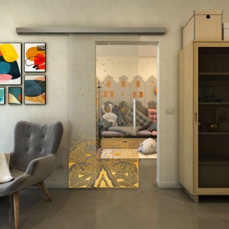Glasschiebetür SLIM-LINE - Fineprint Model 155 Gold auf Klarglas