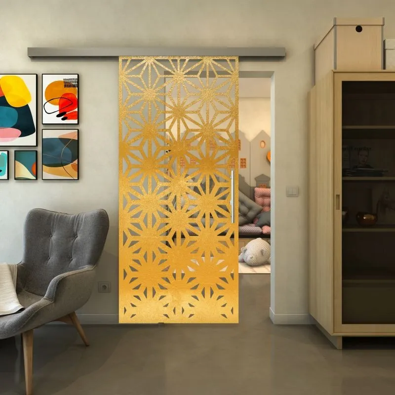 Glasschiebetür SLIM-LINE - Fineprint Modell 187 Gold auf Klarglas Glasschiebetür SLIM-LINE - Fineprint Modell 187 Gold auf Klarglas