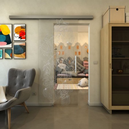 Glasschiebetür SLIM-LINE - Fineprint Model 013 Weiss auf Klarglas