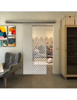 Glasschiebetür SLIM-LINE - Fineprint Model 038 Weiss auf Klarglas
