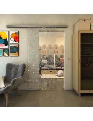 Glasschiebetür SLIM-LINE - Fineprint Model 090 Weiss auf Klarglas