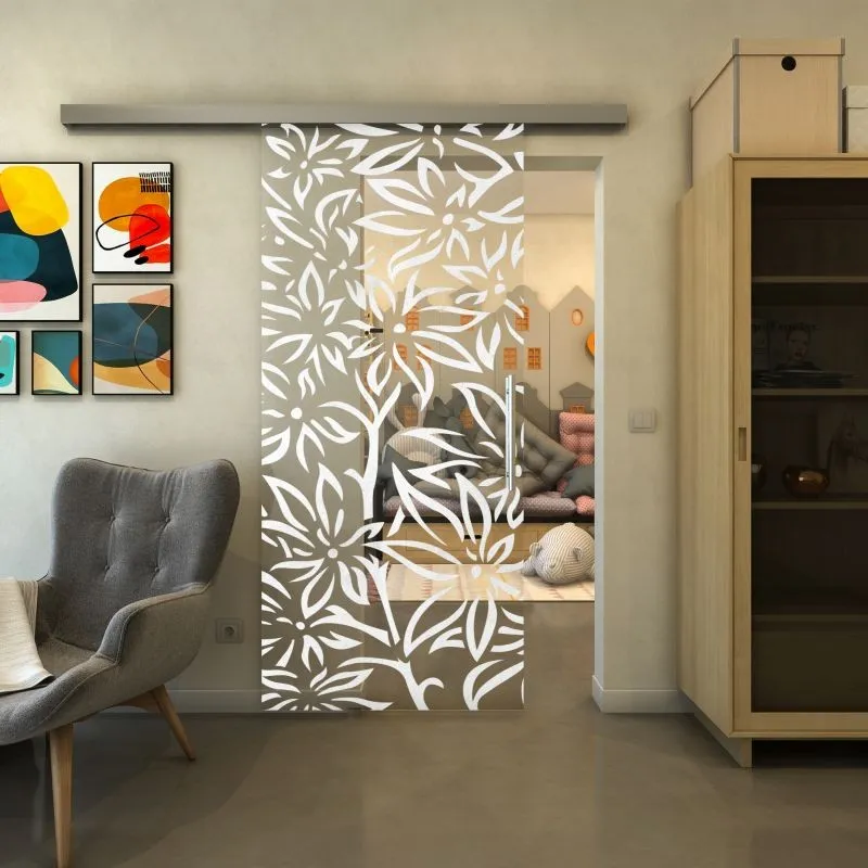 Glasschiebetür SLIM-LINE - Fineprint Modell 095 Weiss auf Klarglas