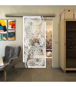 Glasschiebetür SLIM-LINE - Fineprint Model 108 Weiss auf Klarglas