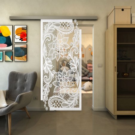 Glasschiebetür SLIM-LINE - Fineprint Model 108 Weiss auf Klarglas