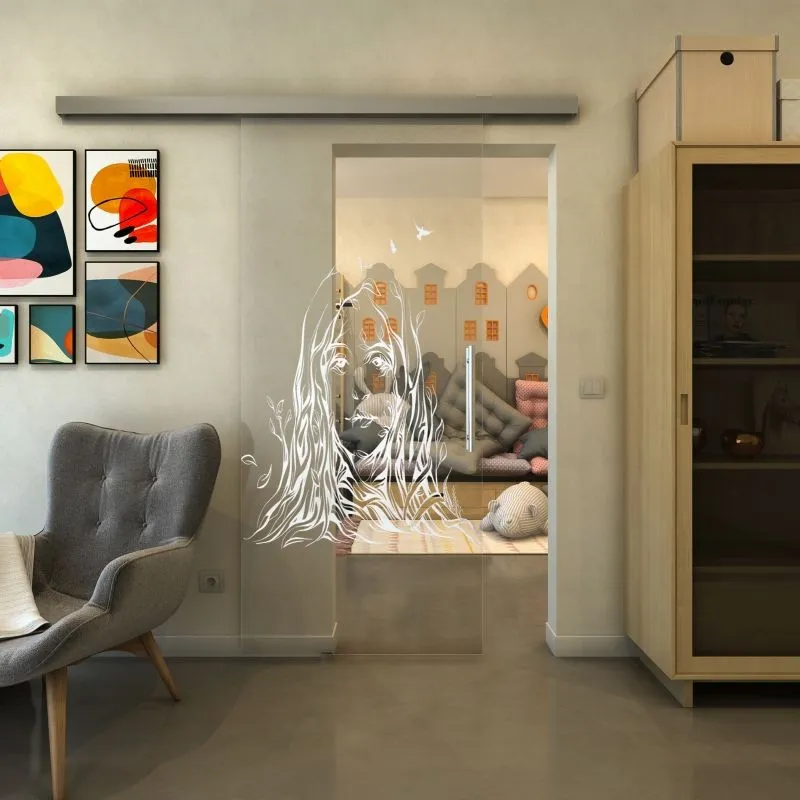 Glasschiebetür SLIM-LINE - Fineprint Modell 119 Weiss auf Klarglas