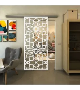 Glasschiebetür SLIM-LINE - Fineprint Model 150 Weiss auf Klarglas