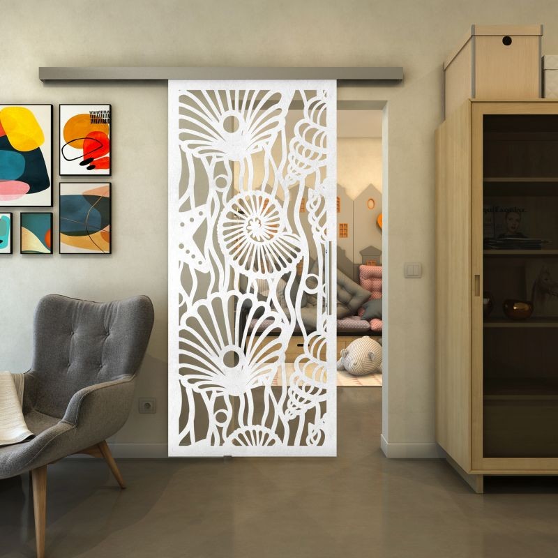 Glasschiebetür SLIM-LINE - Fineprint Modell 165 Weiss auf Klarglas