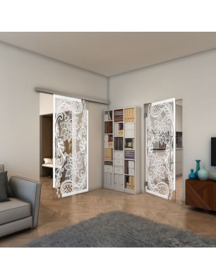 Glasschiebetür SLIM-LINE - Fineprint Model 108 Weiss auf Klarglas