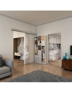 Glasschiebetür SLIM-LINE - Fineprint Model 157 Weiss auf Klarglas