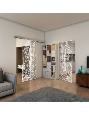 Glasschiebetür SLIM-LINE - Fineprint Model 195 Weiss auf Klarglas