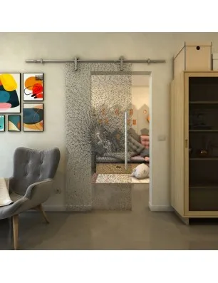 Glasschiebetür PIPE-LINE - Fineprint Model 006 Schwarz auf Klarglas