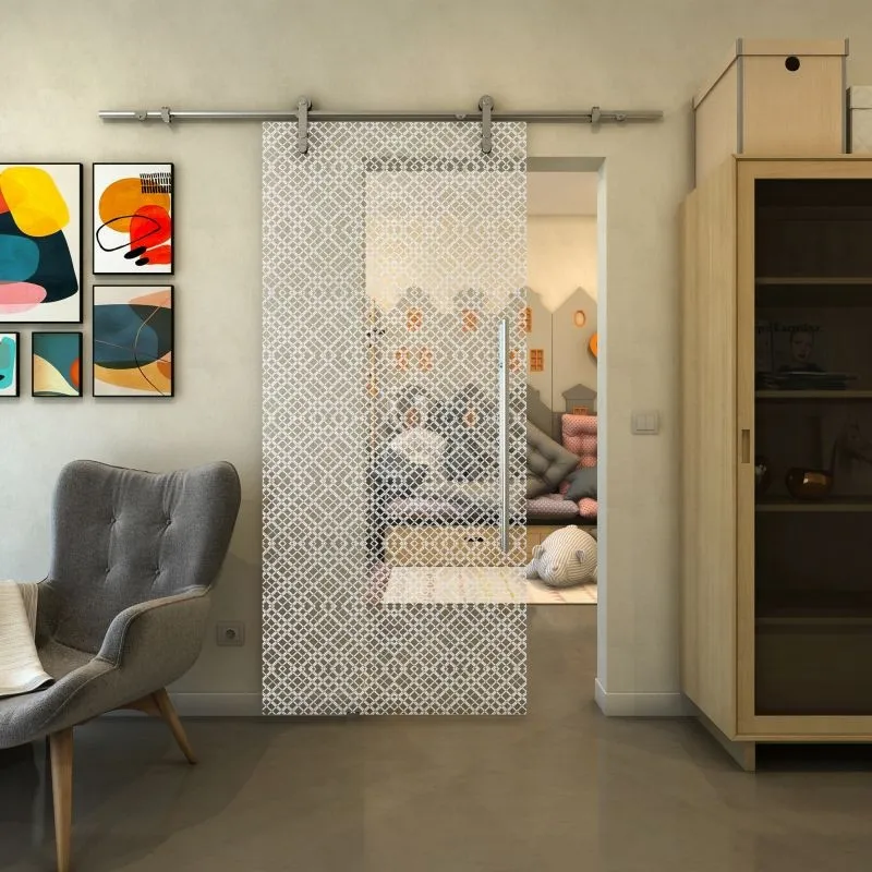 Glasschiebetür PIPE-LINE - Fineprint Modell 018 Weiss auf Klarglas