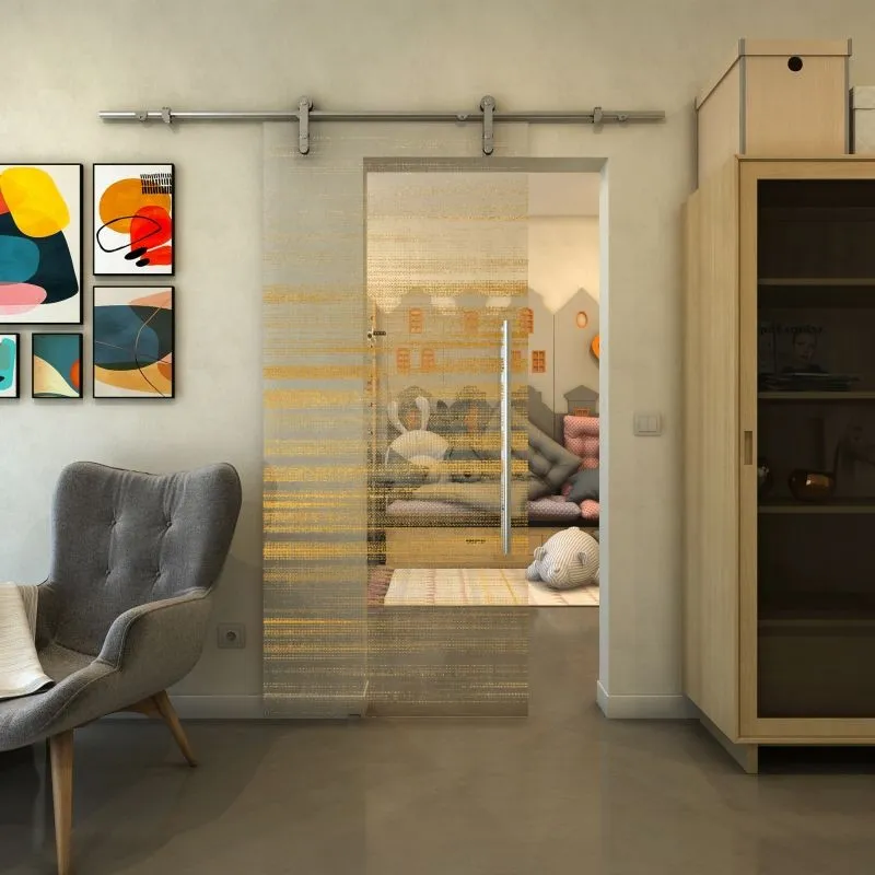 Glasschiebetür PIPE-LINE - Fineprint Modell 019 Gold auf Klarglas Glasschiebetür PIPE-LINE - Fineprint Modell 019 Gold auf Klarglas