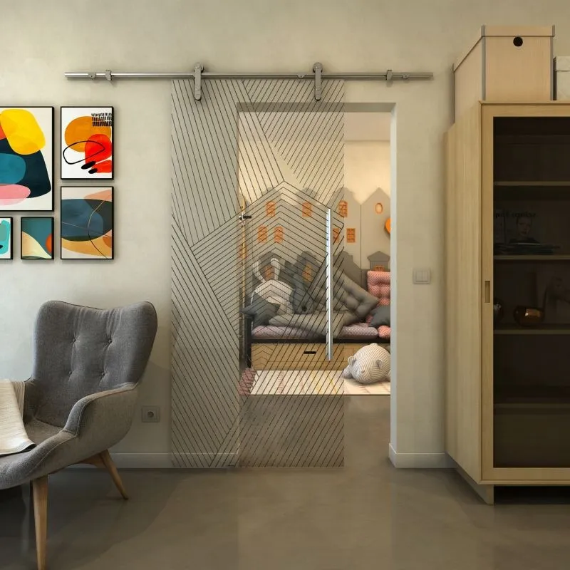 Glasschiebetür PIPE-LINE - Fineprint Modell 028 Schwarz auf Klarglas