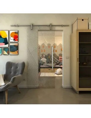 Glasschiebetür PIPE-LINE - Fineprint Model 028 Schwarz auf Klarglas