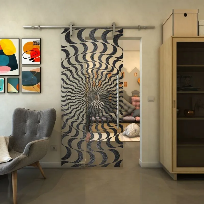 Glasschiebetür PIPE-LINE - Fineprint Modell 044 Schwarz auf Klarglas