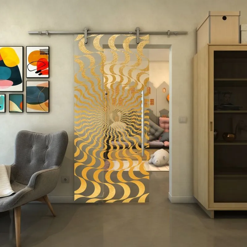 Glasschiebetür PIPE-LINE - Fineprint Modell 044 Gold auf Klarglas