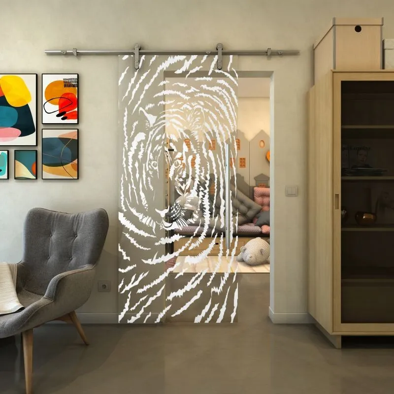 Glasschiebetür PIPE-LINE - Fineprint Modell 057 Weiss auf Klarglas Glasschiebetür PIPE-LINE - Fineprint Modell 057 Weiss auf Klarglas