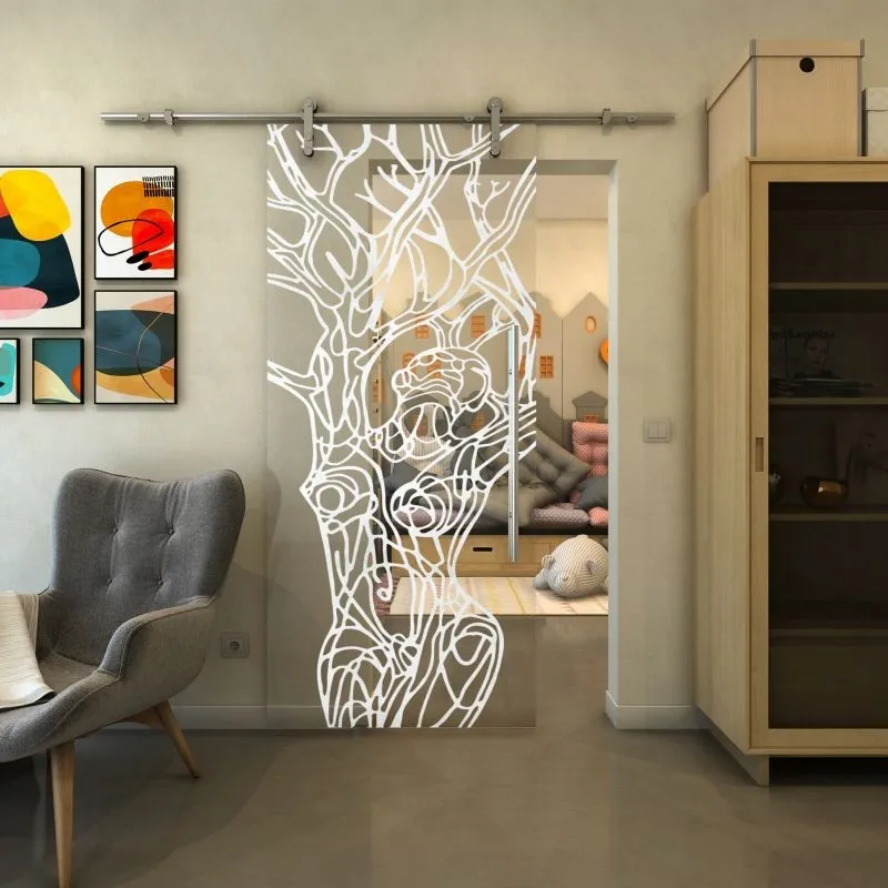 Glasschiebetür PIPE-LINE - Fineprint Modell 105 Weiss auf Klarglas