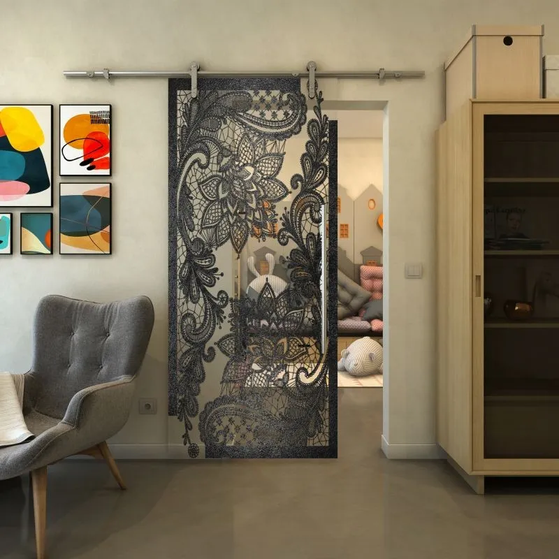 Glasschiebetür PIPE-LINE - Fineprint Modell 108 Schwarz auf Klarglas