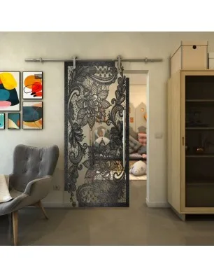 Glasschiebetür PIPE-LINE - Fineprint Model 108 Schwarz auf Klarglas