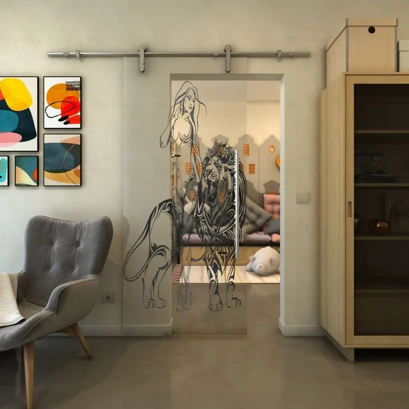 Glasschiebetür PIPE-LINE - Fineprint Modell 117 Schwarz auf Klarglas