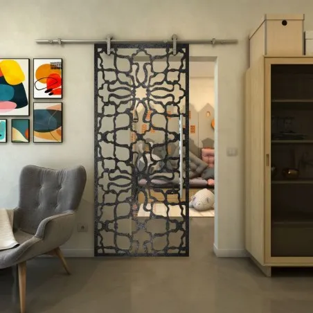 Glasschiebetür PIPE-LINE - Fineprint Model 150 Schwarz auf Klarglas