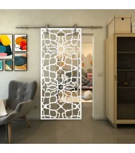 Glasschiebetür PIPE-LINE - Fineprint Model 150 Weiss auf Klarglas