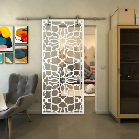 Glasschiebetür PIPE-LINE - Fineprint Model 150 Weiss auf Klarglas