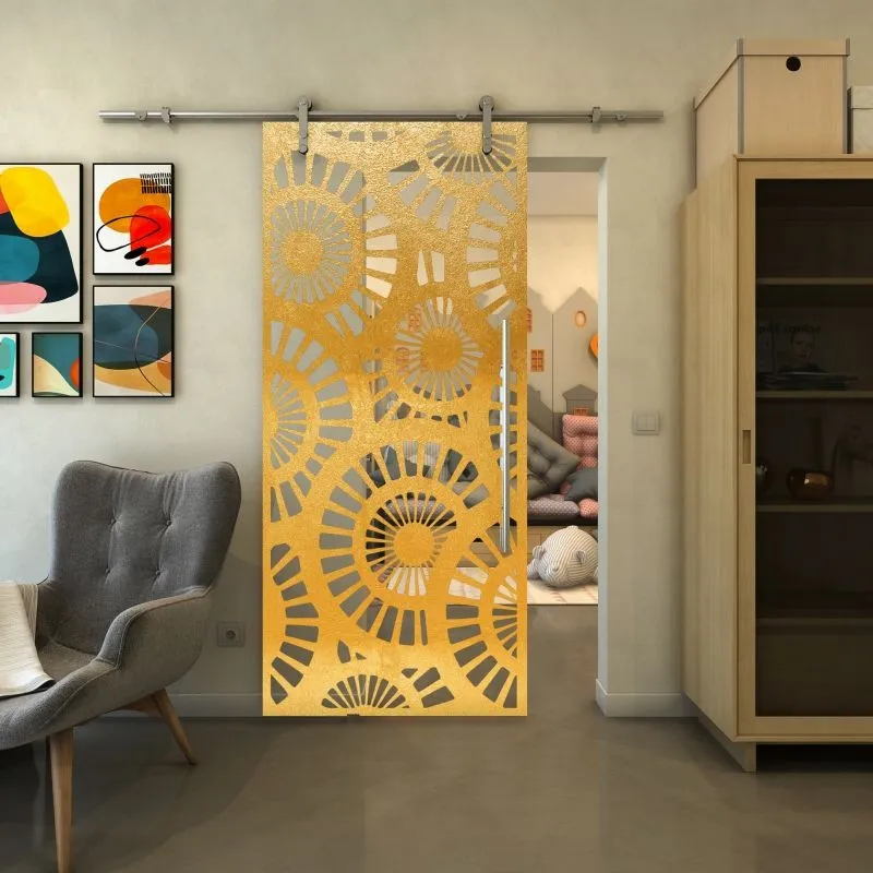 Glasschiebetür PIPE-LINE - Fineprint Modell 191 Gold auf Klarglas Glasschiebetür PIPE-LINE - Fineprint Modell 191 Gold auf Klarglas