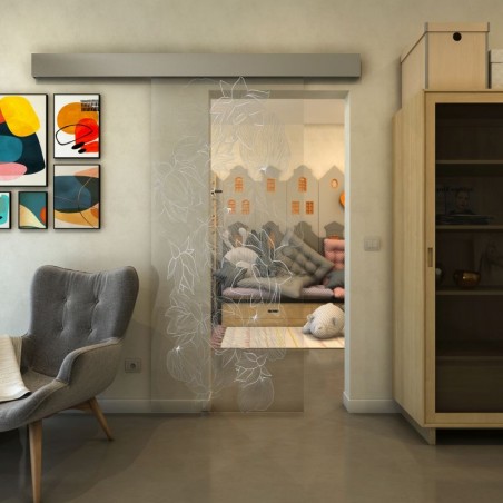 Glasschiebetür ECO-LINE - Fineprint Model 013 Weiss auf Klarglas