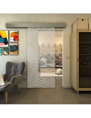 Glasschiebetür ECO-LINE - Fineprint Model 018 Weiss auf Klarglas