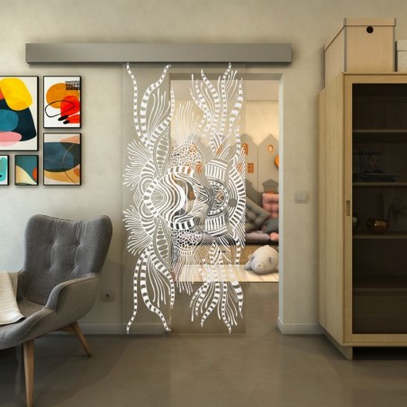 Glasschiebetür ECO-LINE - Fineprint Model 039 Weiss auf Klarglas