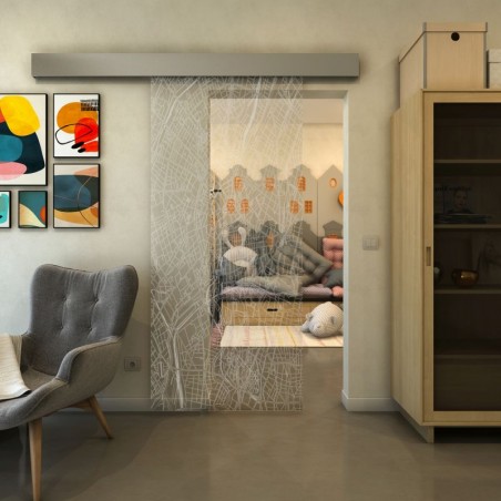 Glasschiebetür ECO-LINE - Fineprint Model 079 Weiss auf Klarglas