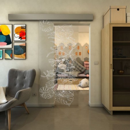 Glasschiebetür ECO-LINE - Fineprint Model 082 Weiss auf Klarglas