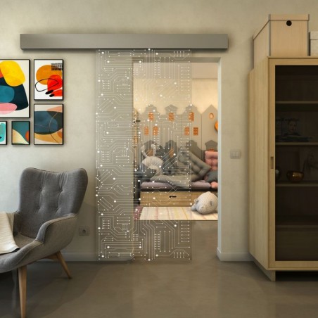 Glasschiebetür ECO-LINE - Fineprint Model 090 Weiss auf Klarglas