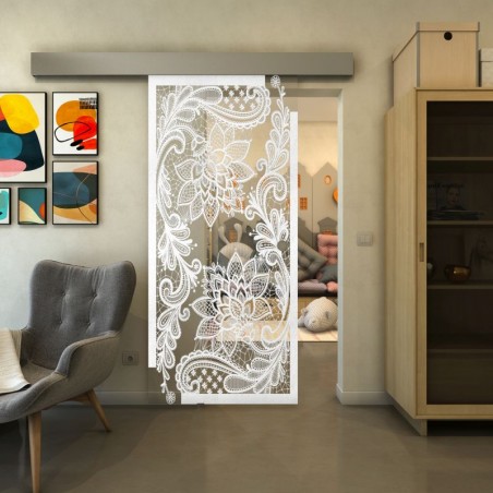 Glasschiebetür ECO-LINE - Fineprint Model 108 Weiss auf Klarglas