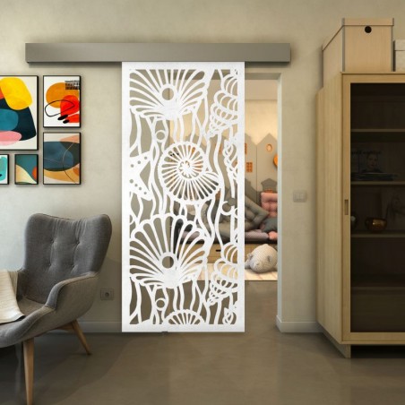 Glasschiebetür ECO-LINE - Fineprint Model 165 Weiss auf Klarglas