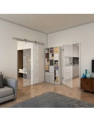 Glasschiebetür PIPE-LINE - Fineprint Model 018 Weiss auf Klarglas