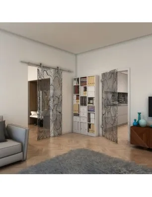 Glasschiebetür PIPE-LINE - Fineprint Model 020 Schwarz auf Klarglas