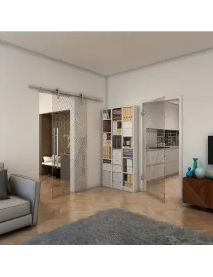 Glasschiebetür PIPE-LINE - Fineprint Model 028 Schwarz auf Klarglas