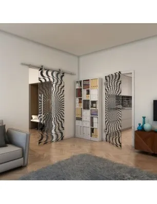 Glasschiebetür PIPE-LINE - Fineprint Model 044 Schwarz auf Klarglas