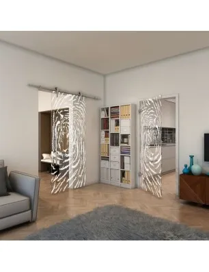 Glasschiebetür PIPE-LINE - Fineprint Model 057 Weiss auf Klarglas